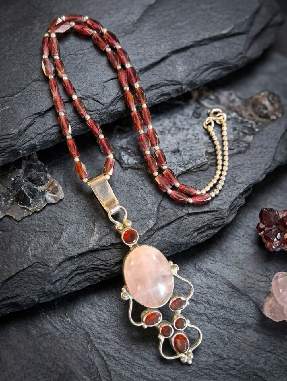 Vintage Sterling Silver Rose Quartz & Garnet Pendant w/16.5" Garnet Necklace 26g